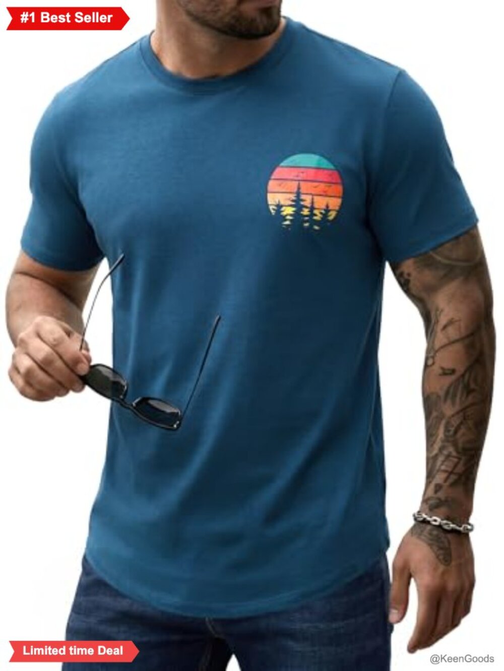 Men's Graphic T-Shirt Curved Hem Vintage Sunset Tee Short Sleeve